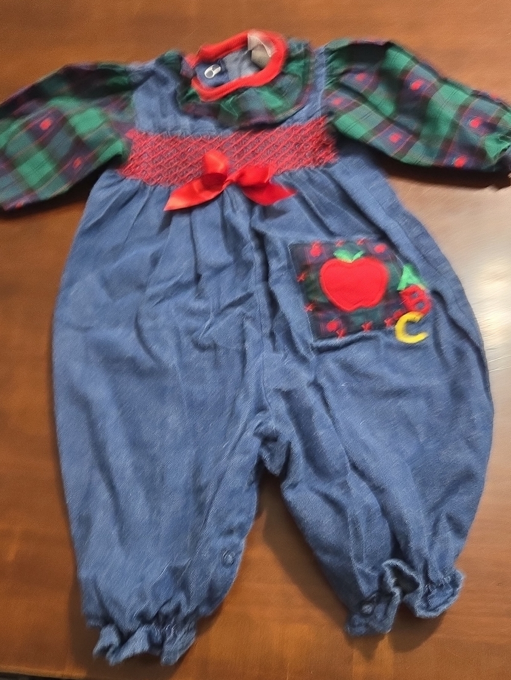 Vintage Buster Brown 6-9m  Denim & Green Plaid Apple Pocket Kids Romper
